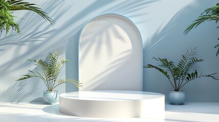 circular product podium on white wall background