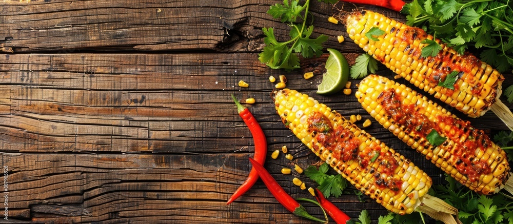 Poster top view of mexican grilled corn cobs with sauce and coriander on rustic wooden backdrop emphasizing