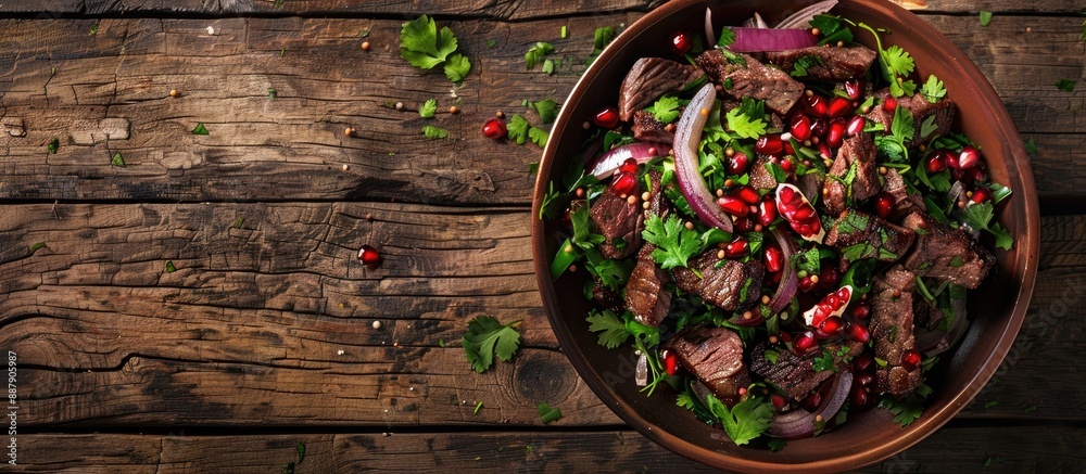 Poster georgian cuisine offers a healthy salad comprising beef onion and cilantro in a sweet and sour sauce
