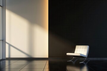 Obraz premium sleek minimalist room at night with a blank wall as the focal point deep shadows and subtle lighting create an air of mystery and potential emphasizing negative space and modern elegance