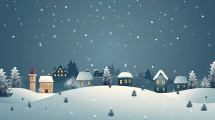 Naklejka premium Illustrated winter village scene with snow-covered houses and trees, evoking a cozy, festive atmosphere in a peaceful landscape.