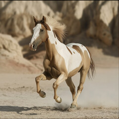 A dynamic scene of a pinto horse running freely across sandy terrain, captured in full motion. The image focuses on the horse's energetic stride and the fluid movement of its mane and tail, conveying 