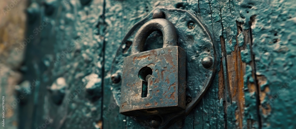 Poster close up of an antique iron padlock mounted on a metal door creating copy space within the image