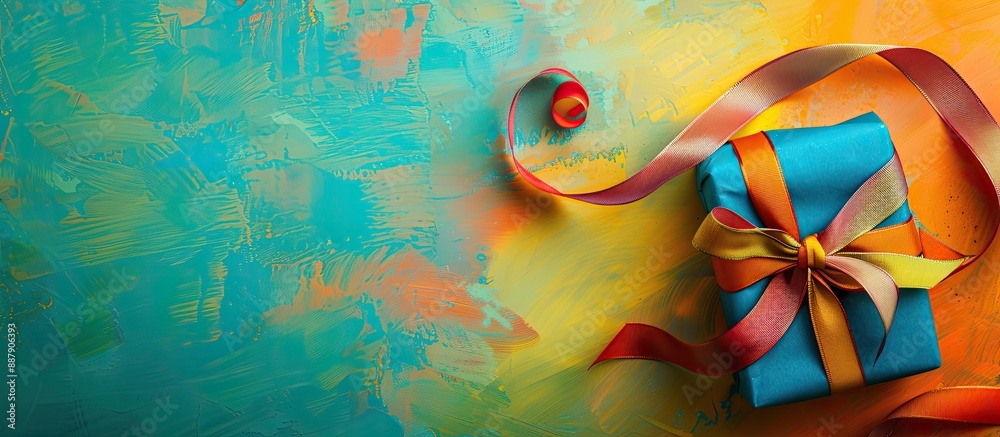 Aufkleber A holiday gift beautifully wrapped in paper with a colorful ribbon displayed on a vibrant table from a top view with empty space for text or images. with copy space image