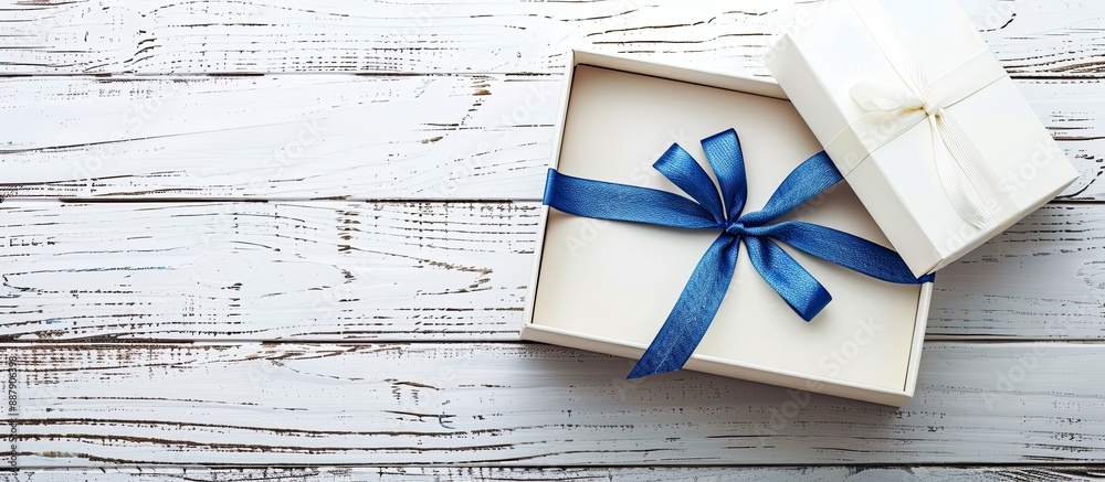 Poster gift box open on a white wooden table with copy space image