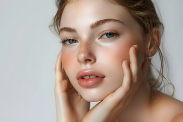 young woman with beautiful face touching healthy facial skin, beautiful portrait of smiling girl model with natural makeup on white background, skincare concept