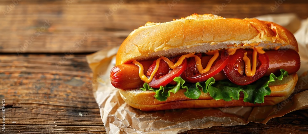 Poster Close up image of a delicious hot dog on a wooden table with copy space image available