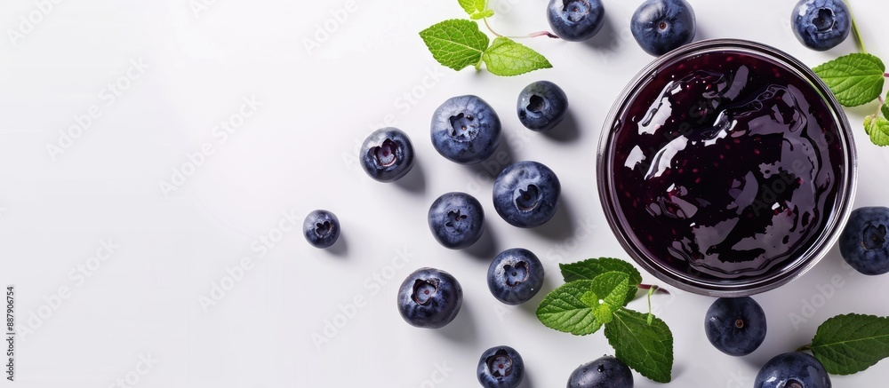 Poster fresh ripe blueberries accompanied by a jar of delicious blueberry jam on a white background with co