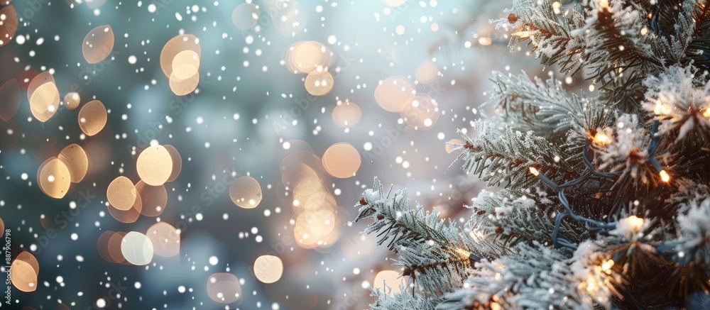 Aufkleber Winter holiday backdrop with sparkling lights and a Christmas tree in close up featuring text space image. with copy space image. Place for adding text or design