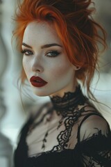 Fototapeta premium Red haired Goth style inspired woman, fashion and make-up shoot Portrait. Gothic, Goth, Emo, New Wave, Dark style fashion. Dark smokey make-up, red lipstick. Dramatic. Elegant. 