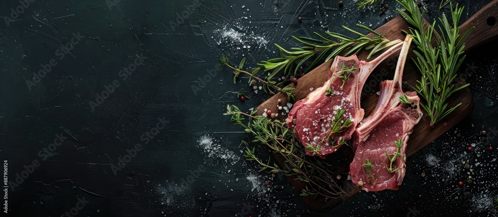 Leinwandbilder Top down view of a raw lamb chop on a butcher board garnished with rosemary and thyme against a dark backdrop with a spacious area for additional content or text like a copy space image