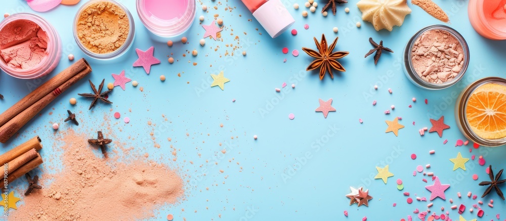 Poster colorful background with cosmetic products cinnamon sticks powder and anise stars creating a visuall