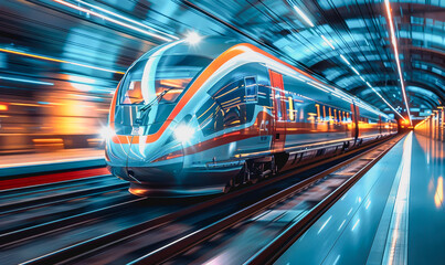 Futuristic high-speed train racing through brightly lit tunnel, reflective surface, motion blur