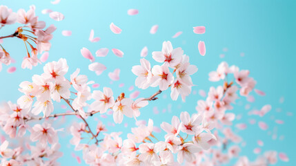 Fototapeta premium Close-up of blooming cherry blossoms with falling petals against a bright blue sky, capturing the essence of spring and natural beauty.