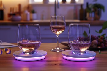 Obraz premium Wine glasses on a table with neon lighting, creating a vibrant and modern visual effect in a contemporary setting.