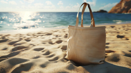 Tote bag on a beach, Sand and sea background