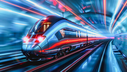 Cutting-edge high-speed train zoom through neon lit tunnel, stream shape, glossy exterior