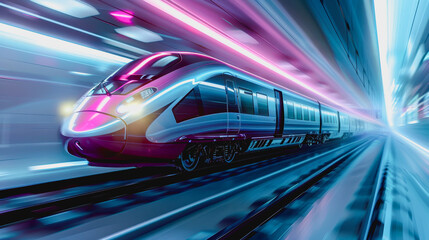 Cutting-edge high-speed train zoom through neon lit tunnel, stream shape, glossy exterior