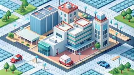 isometric modern hospital buildings in the city