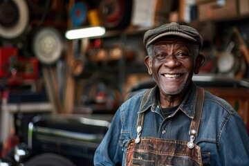 smiling black senior mechanic portrait of joy and mastery in workshop socially engaged grandparentcore photography