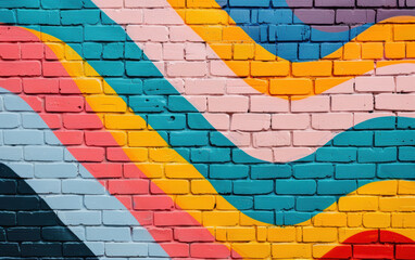 Naklejka premium Colorful brick wall mural with vibrant wavy patterns in shades of pink, blue, yellow, and green creating a lively and artistic urban street scene.