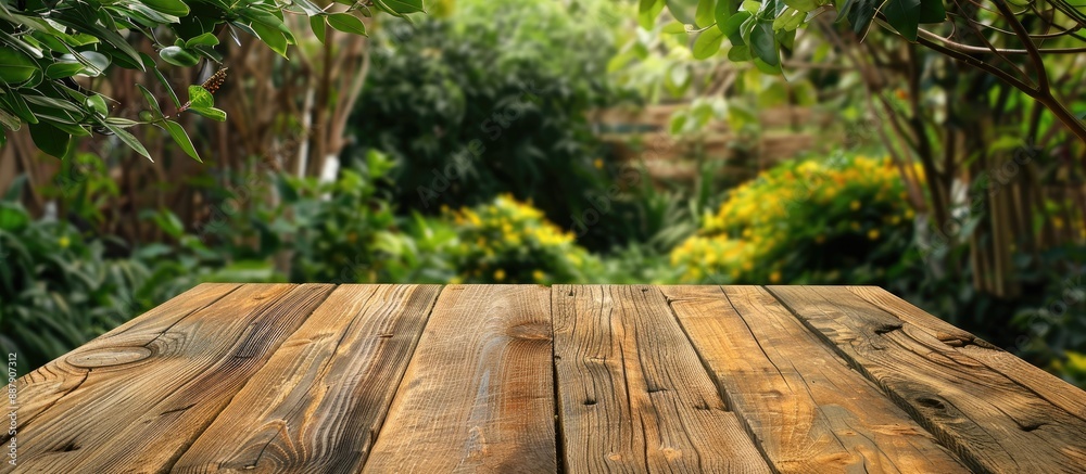 Aufkleber empty wooden board in a garden with copy space image