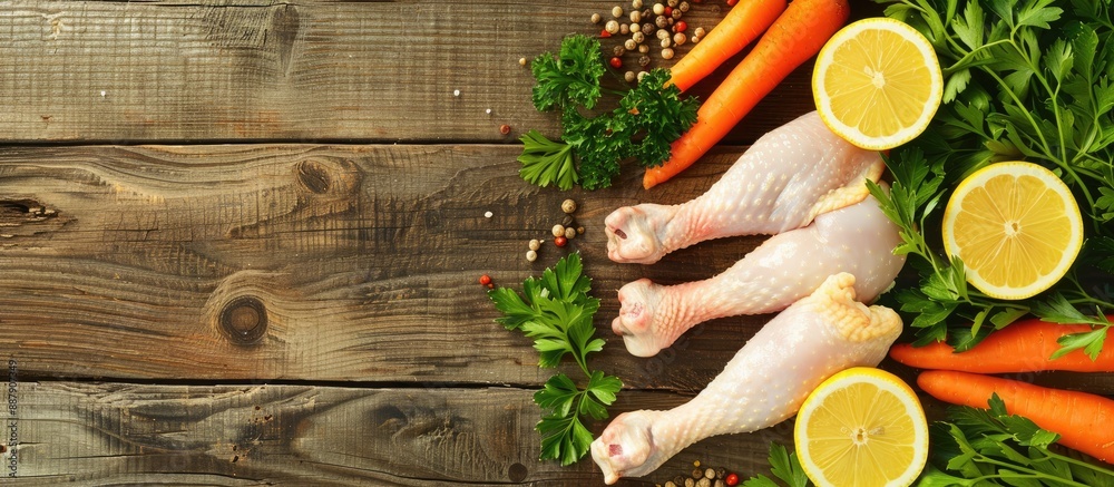 Poster chicken feet placed on a wooden surface alongside carrots lemon slices parsley and pepper creating a