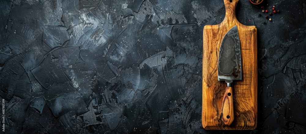 Leinwandbilder top view of a cutting board and knife against a dark background with space for copy space image