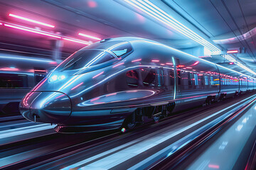 Fototapeta premium Cutting-edge high-speed train zoom through neon lit tunnel, stream shape, glossy exterior