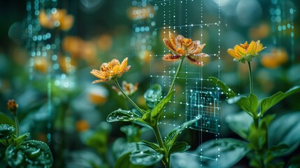 A yellow flower stands out in a field of lush green plants, a digital grid overlaying it, showcasing the use of advanced imaging for environmental monitoring.