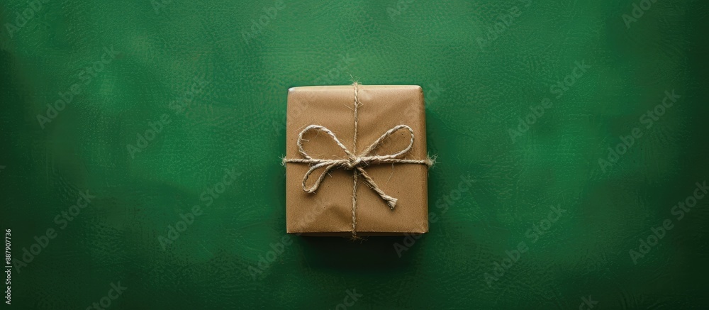 Poster Top down view of a solitary gift box wrapped in rustic paper and tied with a ribbon on a green backdrop ideal for use as a copy space image