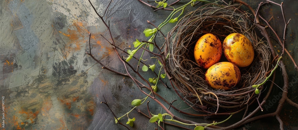 Aufkleber yellow orange and brown eggs in a nest of wooden twigs on a table with green twigs embodying easter 