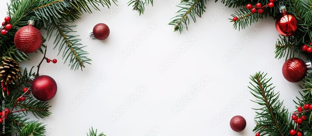 Poster a festive holiday arrangement featuring a wreath crafted from green fir branches and red ornaments o