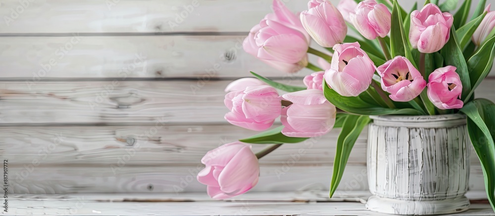 Aufkleber Pink tulips displayed on a rustic white table with ample copy space for adding text