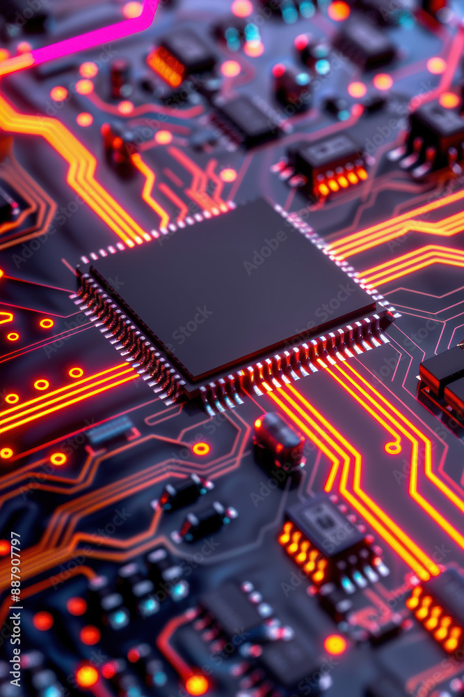 Poster close-up view of a computer microchip on a motherboard with glowing circuits. perfect for technology