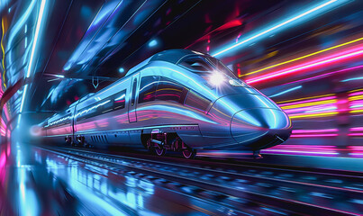 Fototapeta premium Futuristic high-speed train dashing through tunnel with blue neon lights, sleek and reflective design
