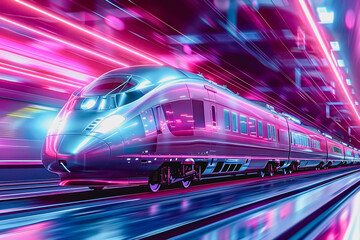 Fototapeta premium Futuristic high-speed train dashing through tunnel with blue neon lights, sleek and reflective design