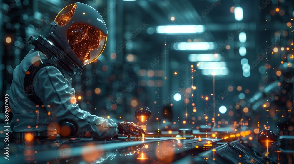 Poster an astronaut in a futuristic space station controls nanobots with glowing, intricate movements, crea
