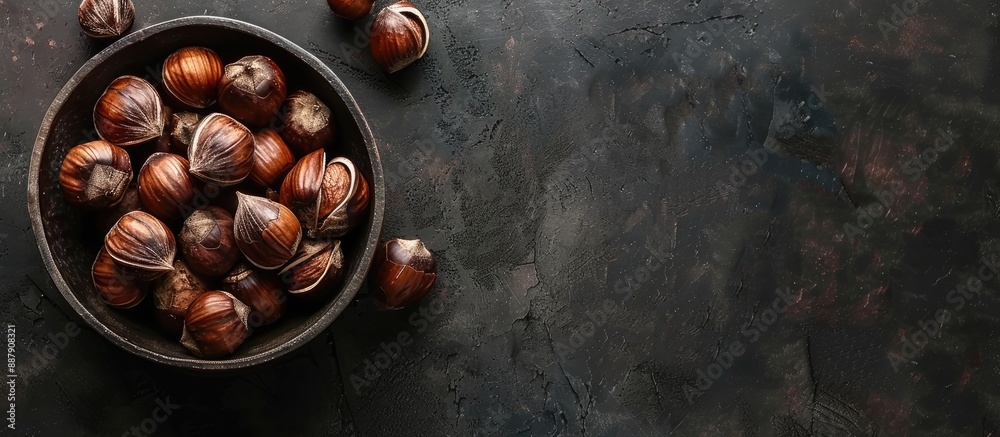 Leinwandbilder Chestnuts cooked and crispy against a dark backdrop perfect for snacking with room for text or a logo in the image. with copy space image. Place for adding text or design