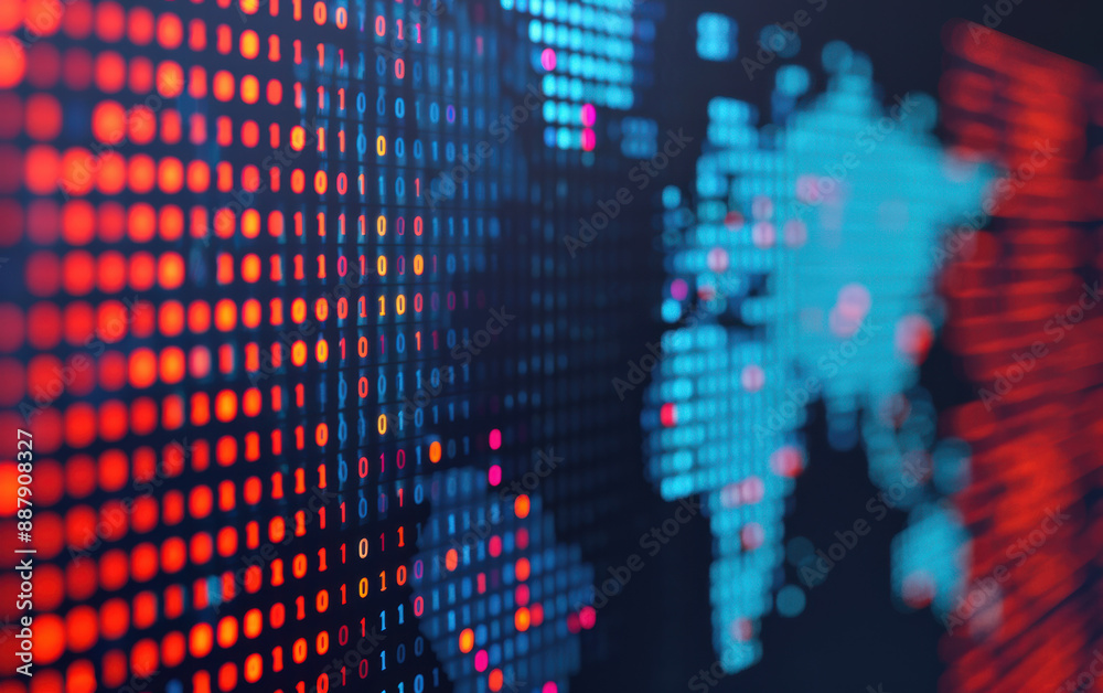 Aufkleber close-up of a digital world map highlighted with binary code patterns, representing global networkin