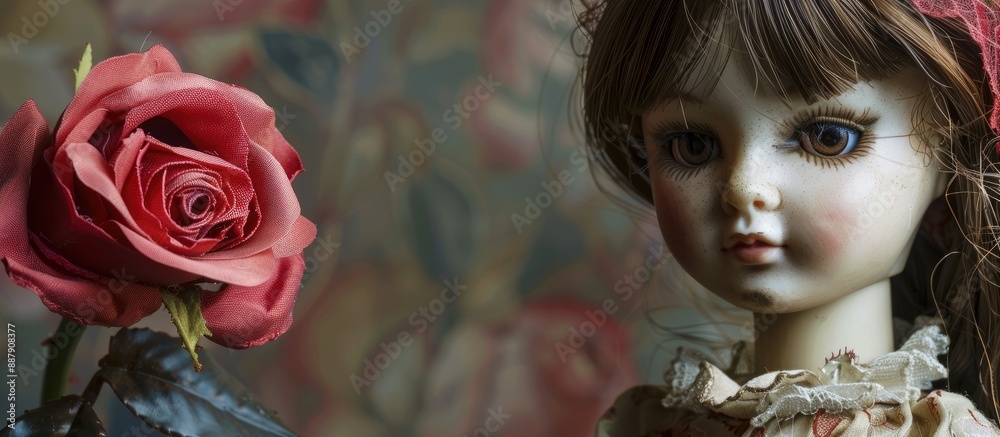Aufkleber a doll placed against a background featuring a rose with plenty of copy space in the image