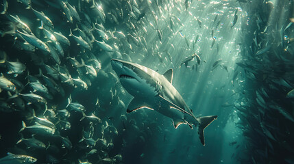 Fototapeta premium Underwater view of a shark hunting in a school of sardines