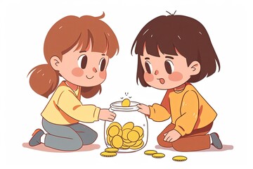 Two adorable children sit on the ground with a glass jar filled with coins and banknotes in front of them, depicted in a charming cartoon style against a clean white background.