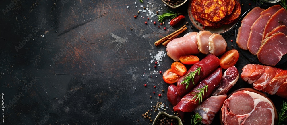 Aufkleber top view of assorted seasoned raw meats on a dark backdrop with ample copy space image