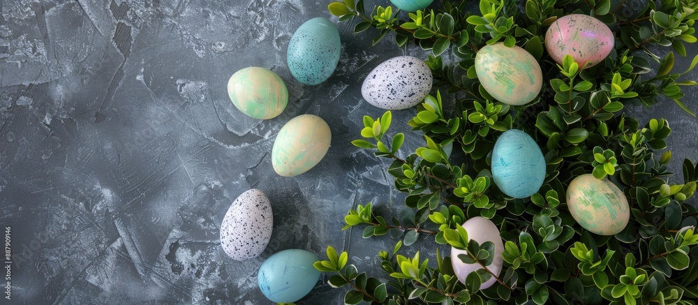 Poster floral arrangement with boxwood and colored eggs for an easter card concept featuring a copy space i