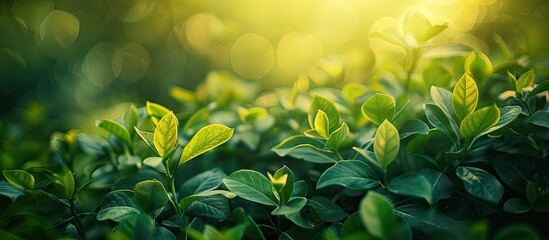 Autumn sunlight illuminates lush green bushes with fresh leaves in a surreal natural setting Vibrant backdrop with selective focus toning ideal for copy space image