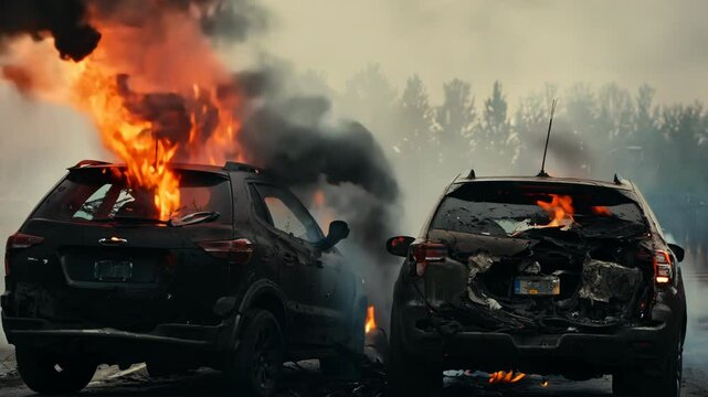Cars burning in riot aftermath, urban violence and civil unrest