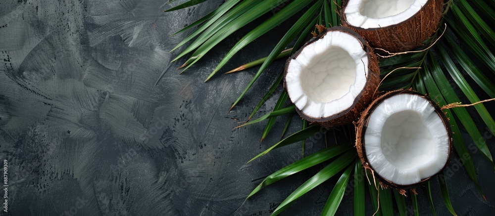 Poster coconut halved over palm leaf with copy space image
