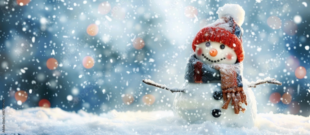 Poster Greeting card showing a jolly snowman with a unique hat and scarf on a snowy backdrop Copy space image included
