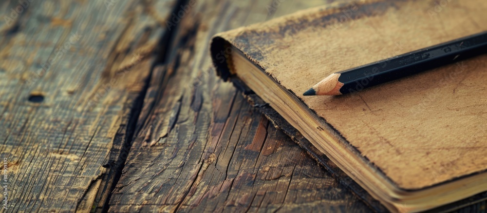 Poster vintage toned background with a wooden surface showcasing a notebook and a black pencil offering amp